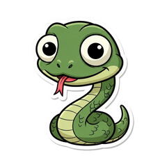 Cute green cartoon snake sticker with large eyes and a pink tongue, coiled and smiling, isolated with a subtle shadow. isolated PNG with Transparent Background