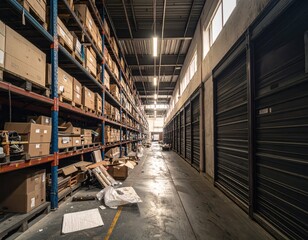 Naklejka premium Spacious warehouse with stacked boxes and organized shelves