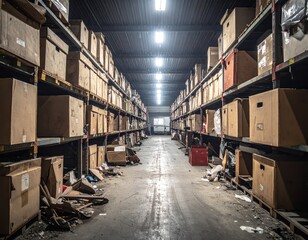 Disorganized Storage Warehouse with Rows of Cardboard Boxes