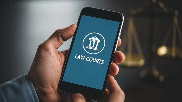 Hand holding smartphone with law courts app on screen