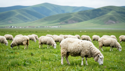Obraz premium Sheep Grazing in Green Pasture with Mountain View 