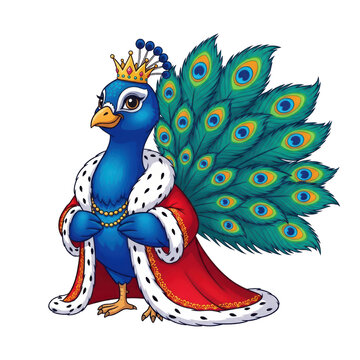Majestic royal peacock cartoon character, regal bird wearing gold crown and red ermine cape, elegant blue peacock illustration on white background