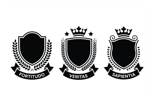 Three black heraldic crests with Latin mottos on white background