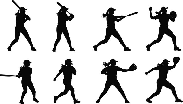 Baseball and softball player silhouettes, sports action poses, batting pitching fielding running catching throwing vector illustration icons