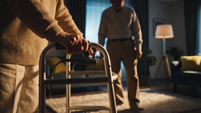 Supportive hands on a walker, representing the critical need for mobility assistance and home care for seniors navigating the challenges of aging and maintaining independence within a domestic setting