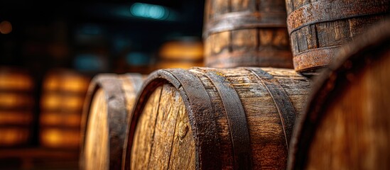 Stacked wooden barrels with rusty metal bands, in a dimly lit cellar
