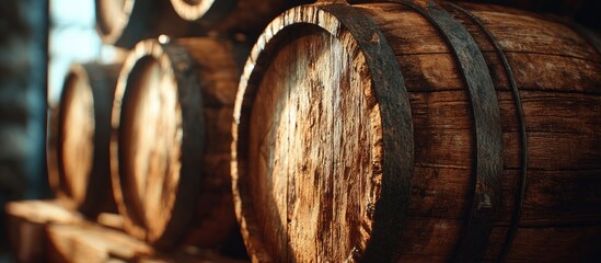 Close-up of aged wooden barrels stacked, illuminated by soft, warm light