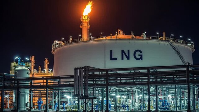 LNG Liquefied Natural Gas Storage Tank at Night with Flare Stack Industrial Plant Facility