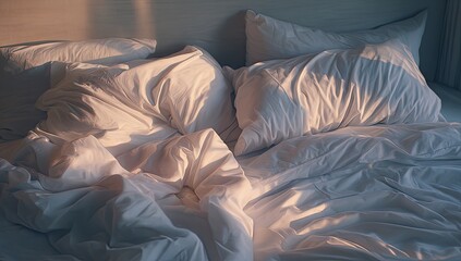 Unmade bed with rumpled white sheets and pillows bathed in warm morning light