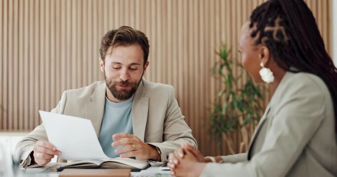 Discussion, documents and businessman with client in office for finance planning with budget. Paperwork, meeting and male financial manager with customer for investment proposal in collaboration.