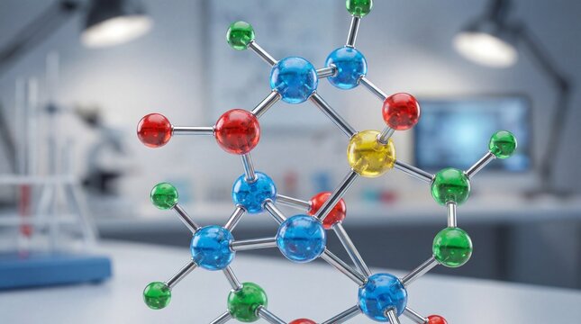 Complex molecular structure model in a modern scientific research laboratory.
