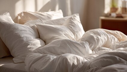 Soft, rumpled white bedding bathed in warm, diffused sunlight