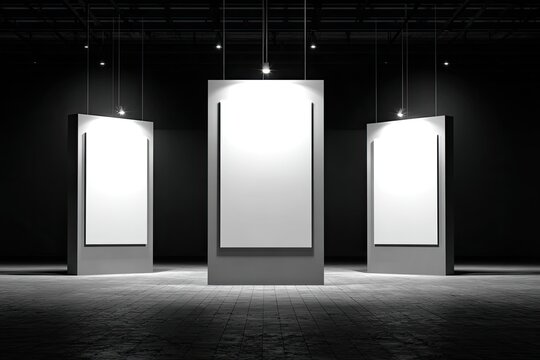 Three illuminated blank display panels in a dark, minimalist gallery space