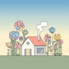 Charming House Surrounded By Colorful Flowers, Whimsical Garden Scene