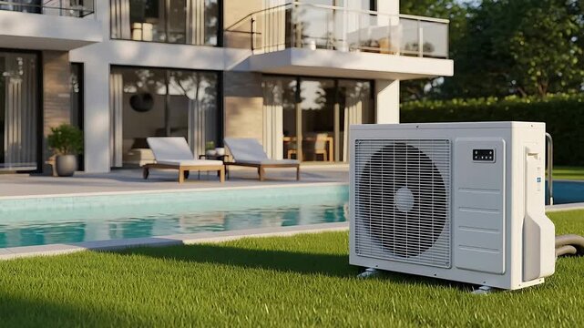 Modern air conditioning unit installed in a backyard with a swimming pool and lounge chairs