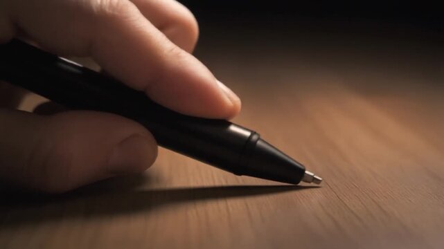 Pen Clicking Nervously. Tax Deadline & Time Pressure Concepts. A person's finger hovering over the clicker button of a black pen implying a nervous focused habit set on a smooth wooden desk.
