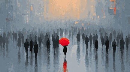 A lone figure with a bright red umbrella stands out in a grey, rainy crowd