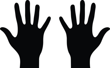 Obraz premium Black silhouette vector illustration of human hands icons, left and right palms spread, symmetry design, anatomy, counting, educational motif