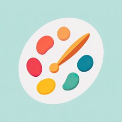 A painter's palette with colorful blobs and a mixing stick on a light blue background