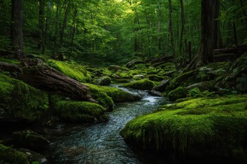 Obraz premium Lush Green Forest Landscape with Moss Covered Rocks and a Gentle Stream Flowing Under Sunlight