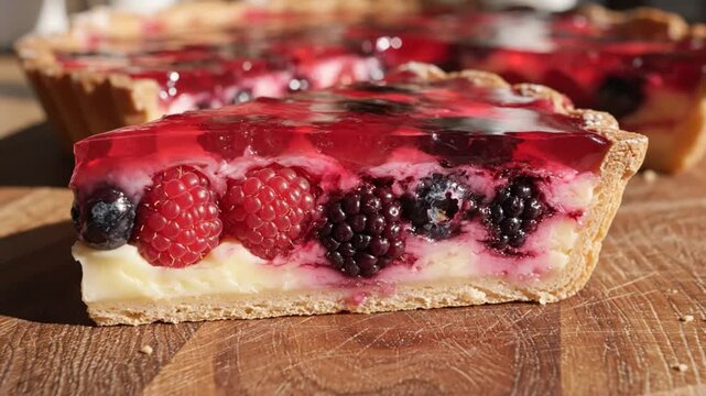 Delicious sliced berry tart with jelly topping, showcasing fresh raspberries, blackberries, and blueberries on wooden cutting board