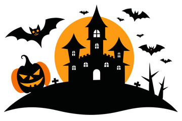 A spooky Halloween vector graphic of a haunted castle with bats and a jack-o-lantern