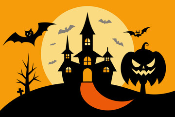 A spooky Halloween scene with a haunted house, bats, and a jack-o-lantern under a full moon