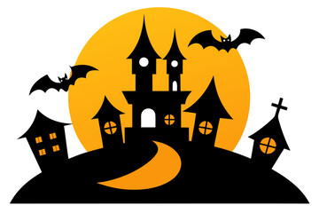 A spooky Halloween-themed vector graphic of a haunted castle with bats and a full moon
