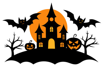A spooky Halloween scene with a haunted house, bats, and jack-o-lanterns in a minimalist vector graphic design