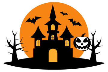 A spooky Halloween vector graphic of a haunted castle with a jack-o-lantern and bats