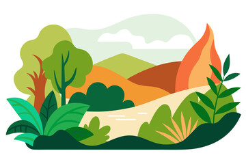 A vibrant vector illustration of a serene landscape with rolling hills and lush greenery in a flat design style