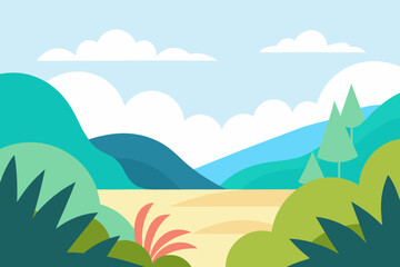 A vibrant and serene landscape illustration featuring rolling hills, lush greenery, and a clear blue sky