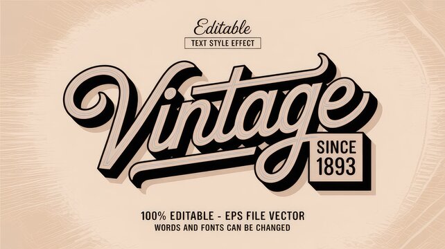 A detailed editable text style effect showcasing the word Vintage in a classic old school retro typography with a shadow and 3D look on a textured bei