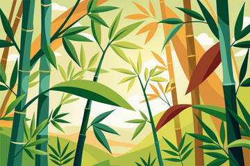 A vibrant vector illustration of bamboo stalks and leaves in a serene natural setting with a warm sunset background