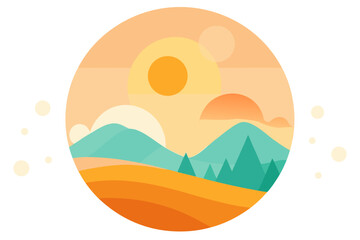 A vibrant vector graphic illustration of a serene mountain landscape at sunset with a minimalist design