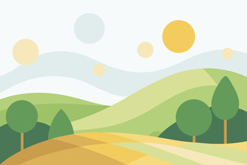A minimalist vector illustration of rolling hills and trees under a stylized sunny sky