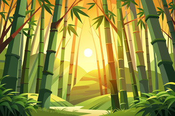 A serene bamboo forest at sunset with a winding path through tall green bamboo stalks