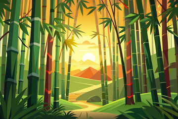 A serene bamboo forest at sunset with a winding path leading to distant mountains