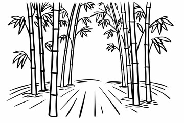 A black and white illustration of a bamboo forest with a path leading through it