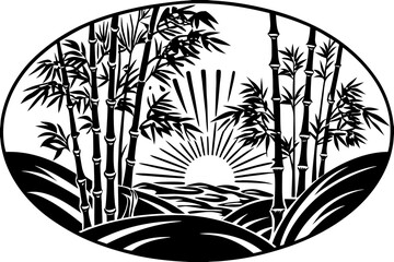 A black and white vector graphic illustration of a serene bamboo landscape at sunrise