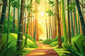 A serene bamboo forest with a winding path at sunset, featuring tall green bamboo trees and lush vegetation.