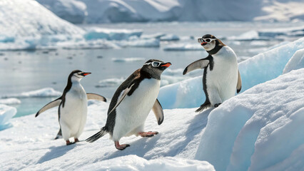 Obraz premium Penguins wearing sunglasses enjoy a sunny day on the ice in Antarctica while standing near the water
