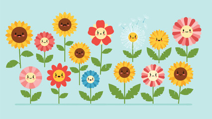 Diverse field of colorful flower characters including sunflowers and daisies with different cute facial expressions.