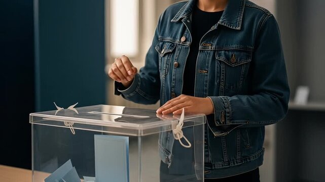 Person casting ballot into transparent voting box with blue walls and window in background