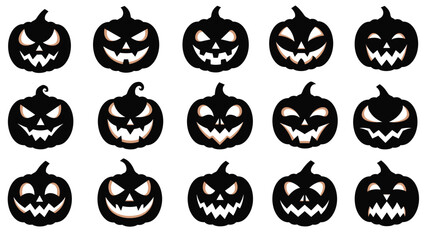 Obraz premium Collection of fifteen different spooky and funny jack-o-lantern pumpkin silhouettes for Halloween holiday decorations.