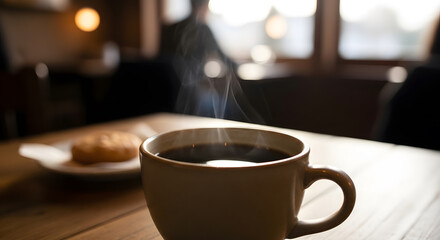 Fototapeta premium A warm cup of hot black coffee with steam rising on a table with a blurred cookie in the background