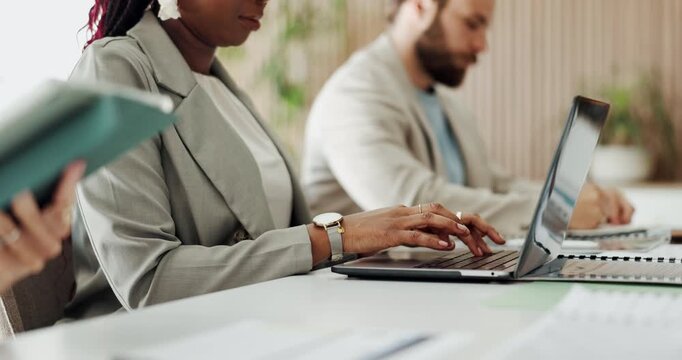 Hands, woman and typing on laptop in office for writing news article, publication and coworking. Staff, female journalist and tech at publishing agency for submission draft, editor feedback and email