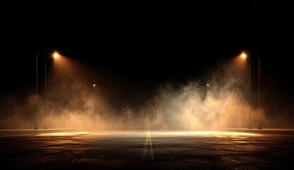 Eerie nighttime street with glowing lamps and swirling, illuminated fog