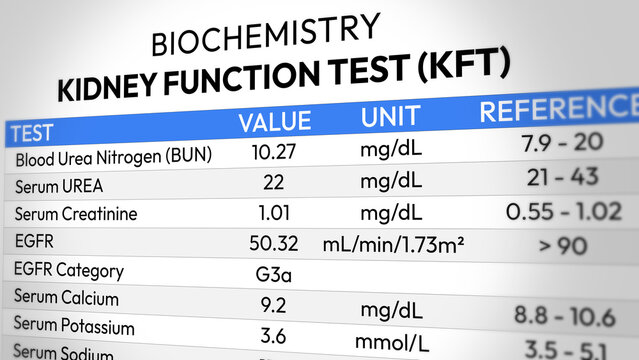 Kidney Function Test Report. Creatinine Urea Analysis, Renal Health Screening, Electrolyte Balance Assessment, GFR Evaluation and Diagnostic Monitoring Insights. Random KFT Test Report.2D Illustration