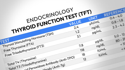 Thyroid Function Test Report. TSH, T3, T4 Hormone Analysis, Endocrine Health Screening, Metabolic Assessment, Diagnostic Evaluation, Clinical Monitoring. Random TFT Test Report. 2D Illustration